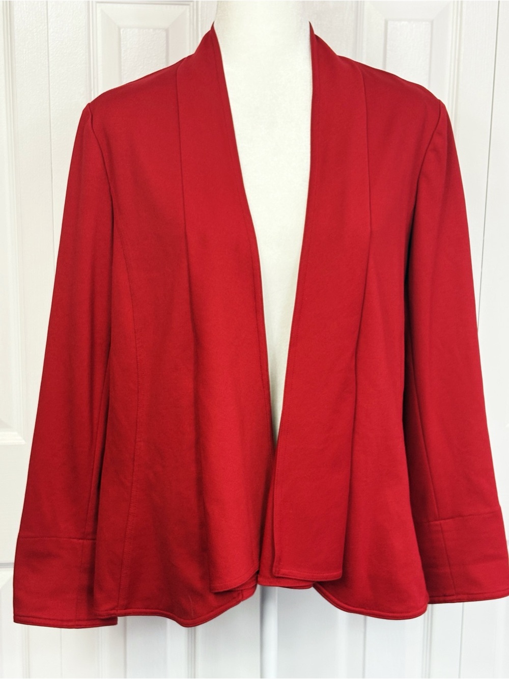 Chico's Red Ponte Knit Long Sleeve Pleated Drape Open Front Jacket Large